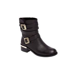 Vince Camuto Webey Black Full Grain Leather silver Metal Buckle Moto Boot 8M